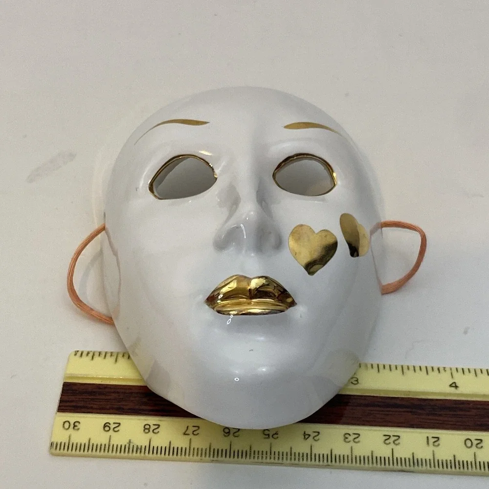 Vintage Small ceramic white and gold Heart face mask